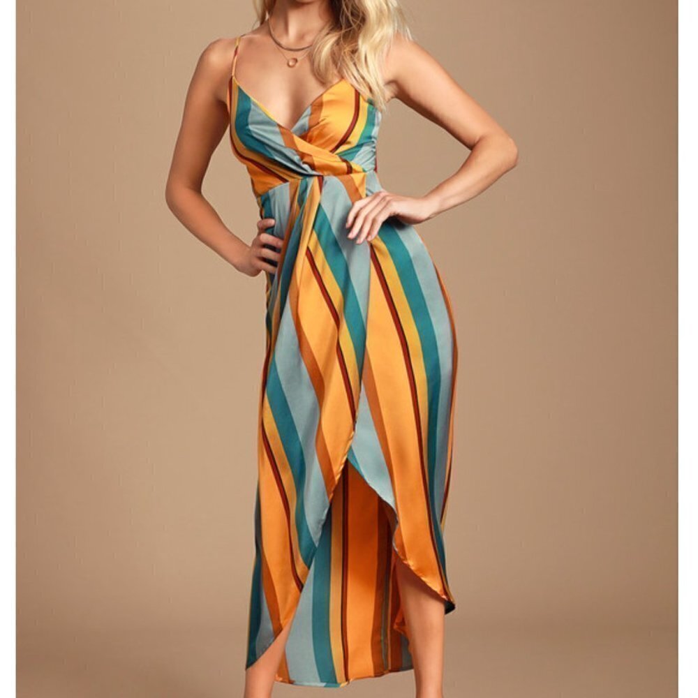 Lulus Jovi Orange Multi Striped Satin High-Low Midi Dress